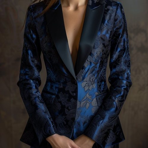 Navy Satin Jacquard Blazer