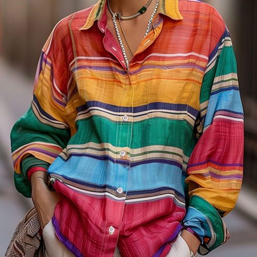 Chic Shirt Collar Rainbow Stripes Linen Blouse